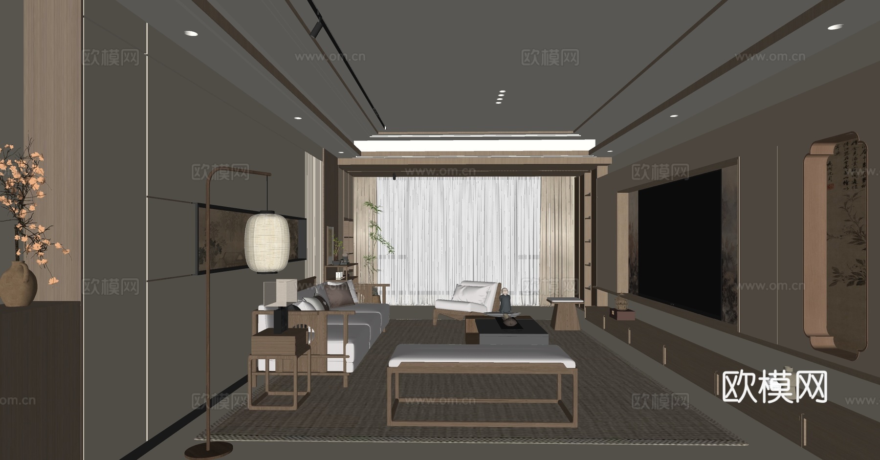 新中式禅意家居客厅 中式宋式客厅 宋式美学客厅 沙发茶几组合su模型