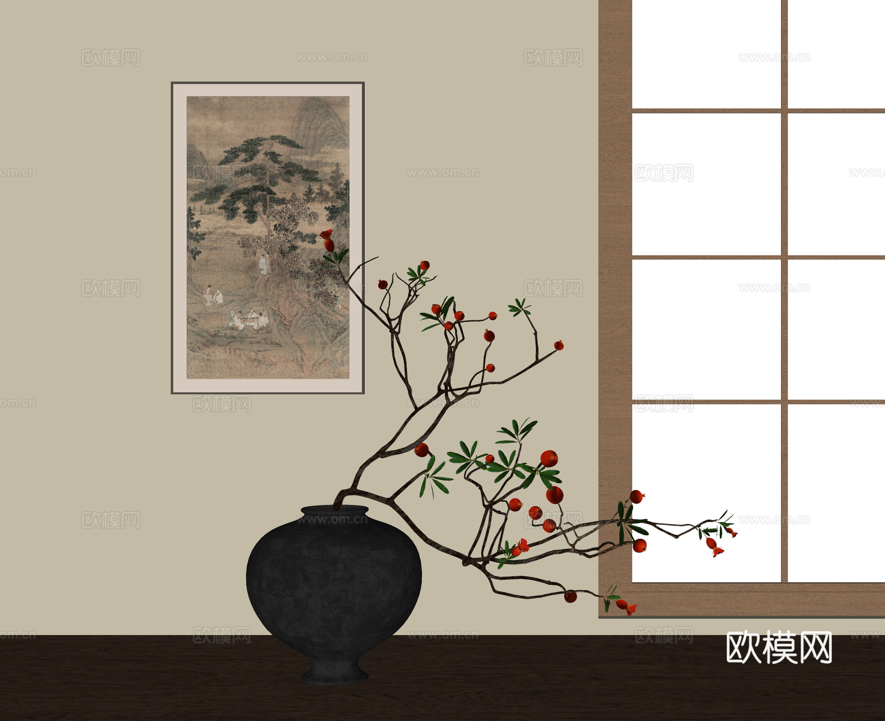 新中式插花花艺 陶罐花瓶花艺 挂画su模型