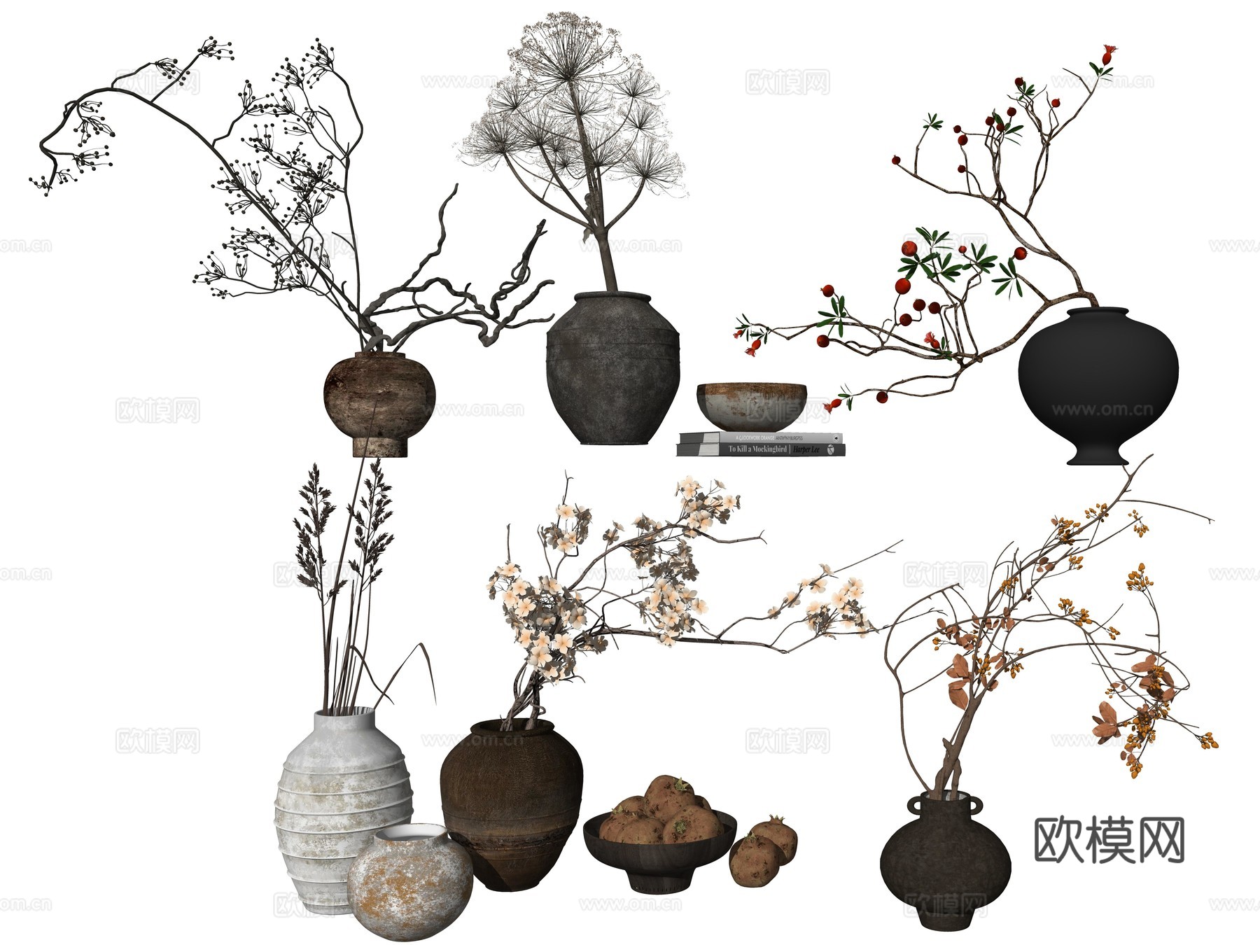 侘寂风花瓶植物装饰摆件su模型