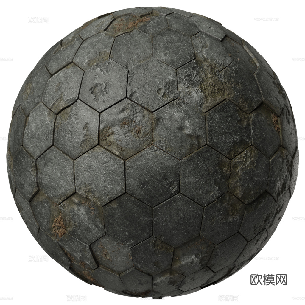 无缝黑色破旧六角地砖石板砖铺路砖户外砖 PBR材质贴图 1k