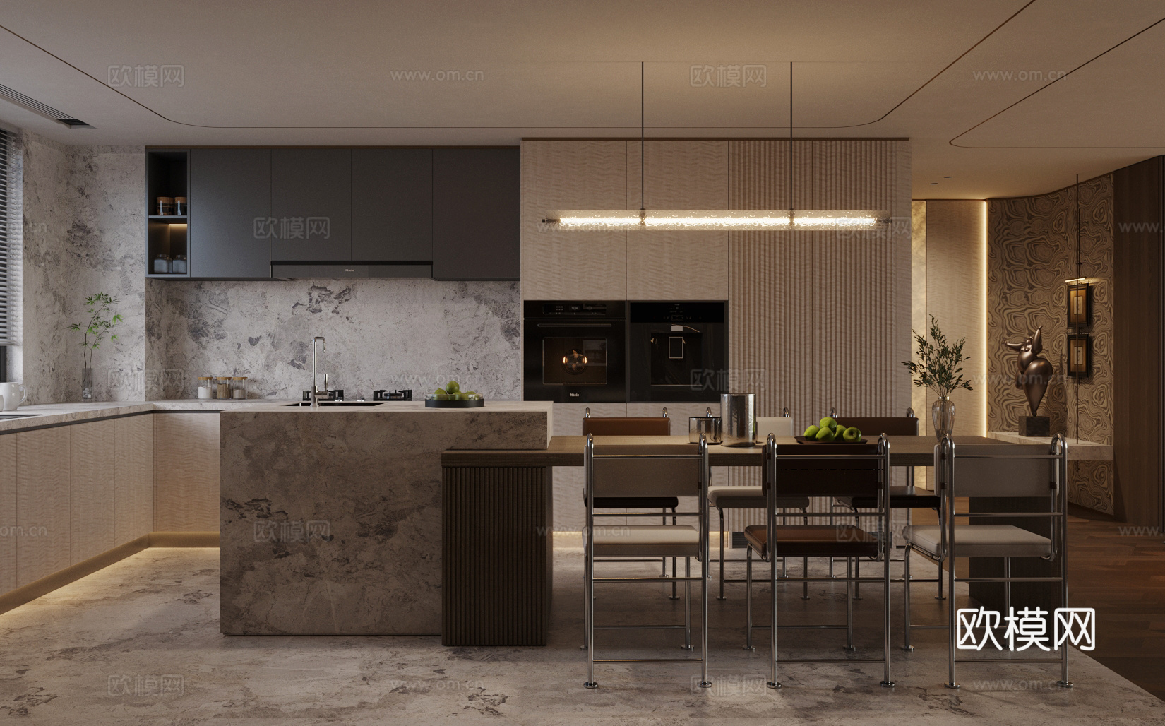 现代意式岛台餐厅 轻奢意式餐厅 开放式餐厅 岛台餐桌椅 餐椅3d模型下载