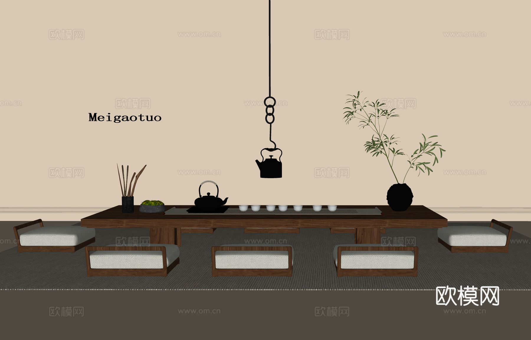 现代榻榻米茶桌椅 茶椅 茶具摆件 植物摆件su模型