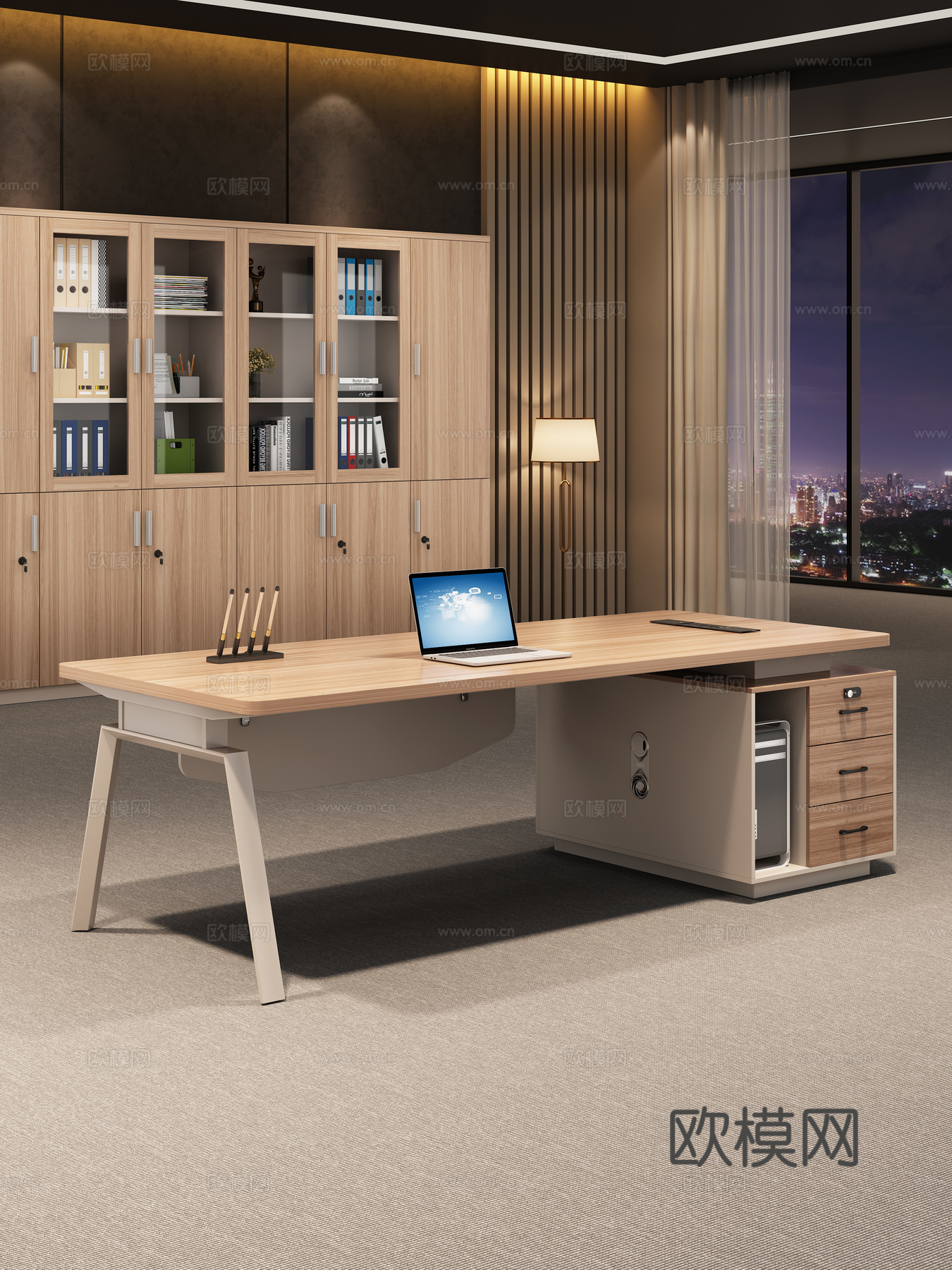 现代办公室办公家具经理桌主管桌老板桌文件柜书柜老板椅3d模型下载（渲染图3）