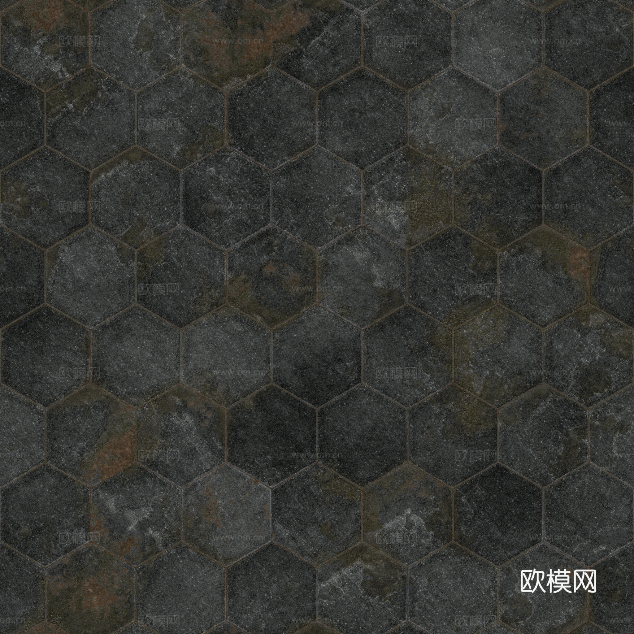 无缝黑色破旧六角地砖石板砖铺路砖户外砖 PBR材质贴图 2k