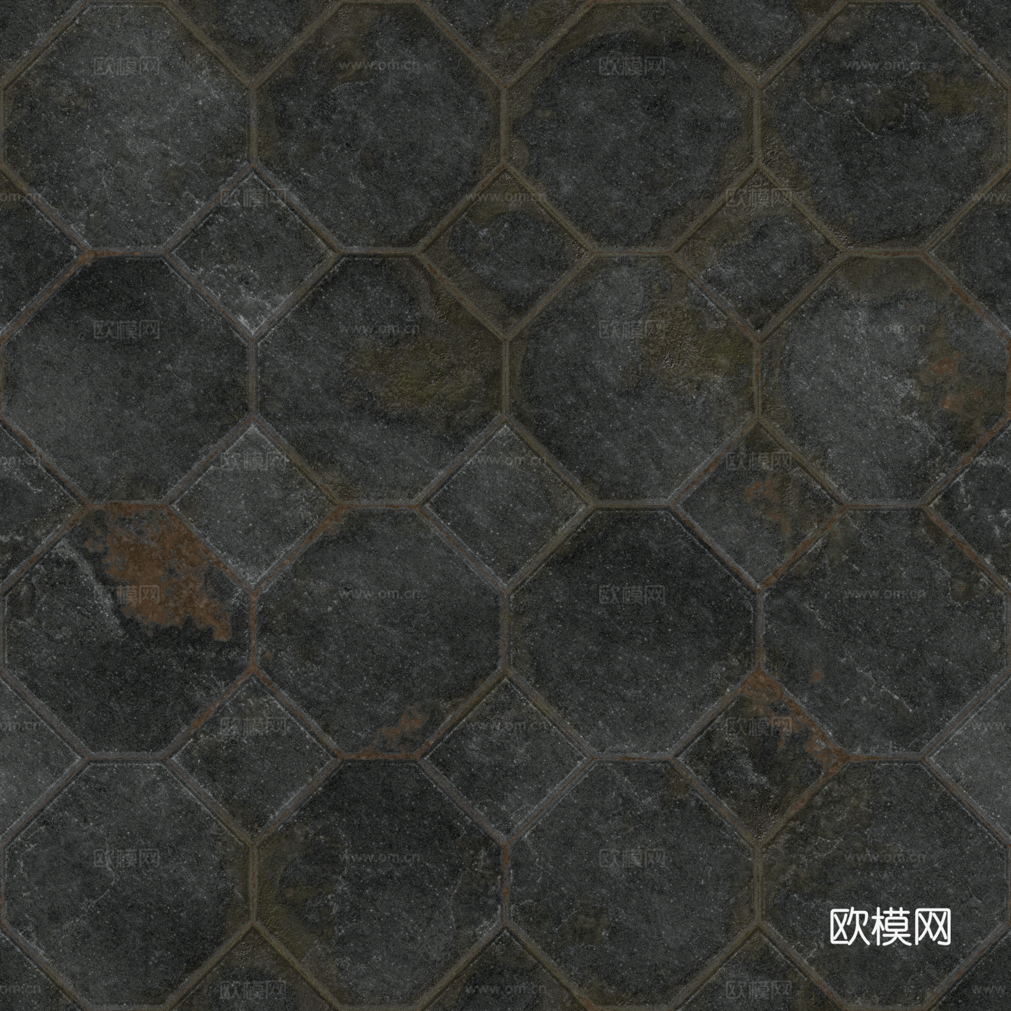 无缝黑色破旧地砖石板砖铺路砖户外砖 PBR材质贴图 2k