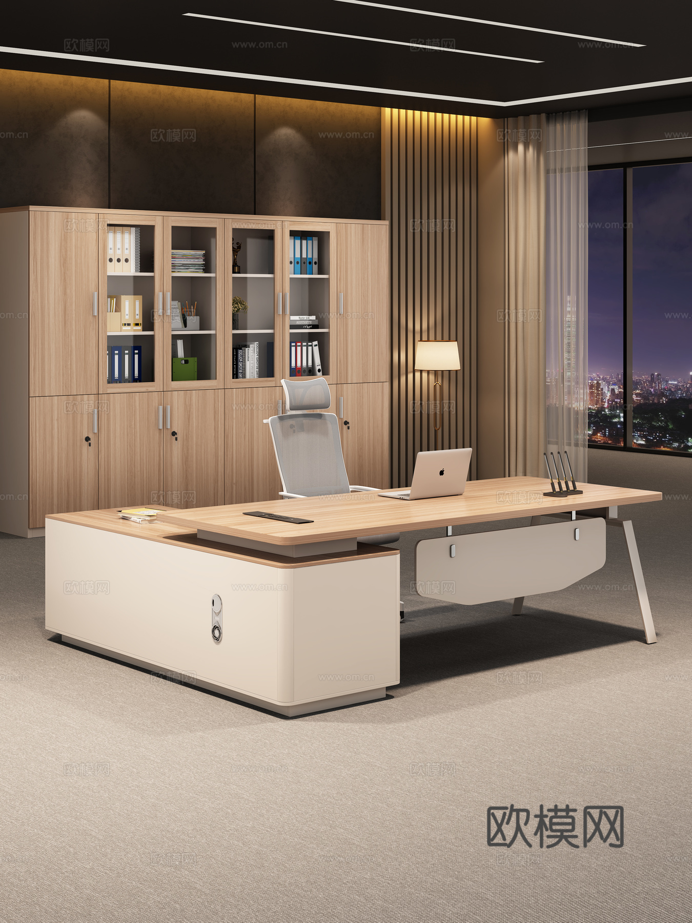 现代办公室办公家具经理桌主管桌老板桌文件柜书柜老板椅3d模型下载（渲染图1）
