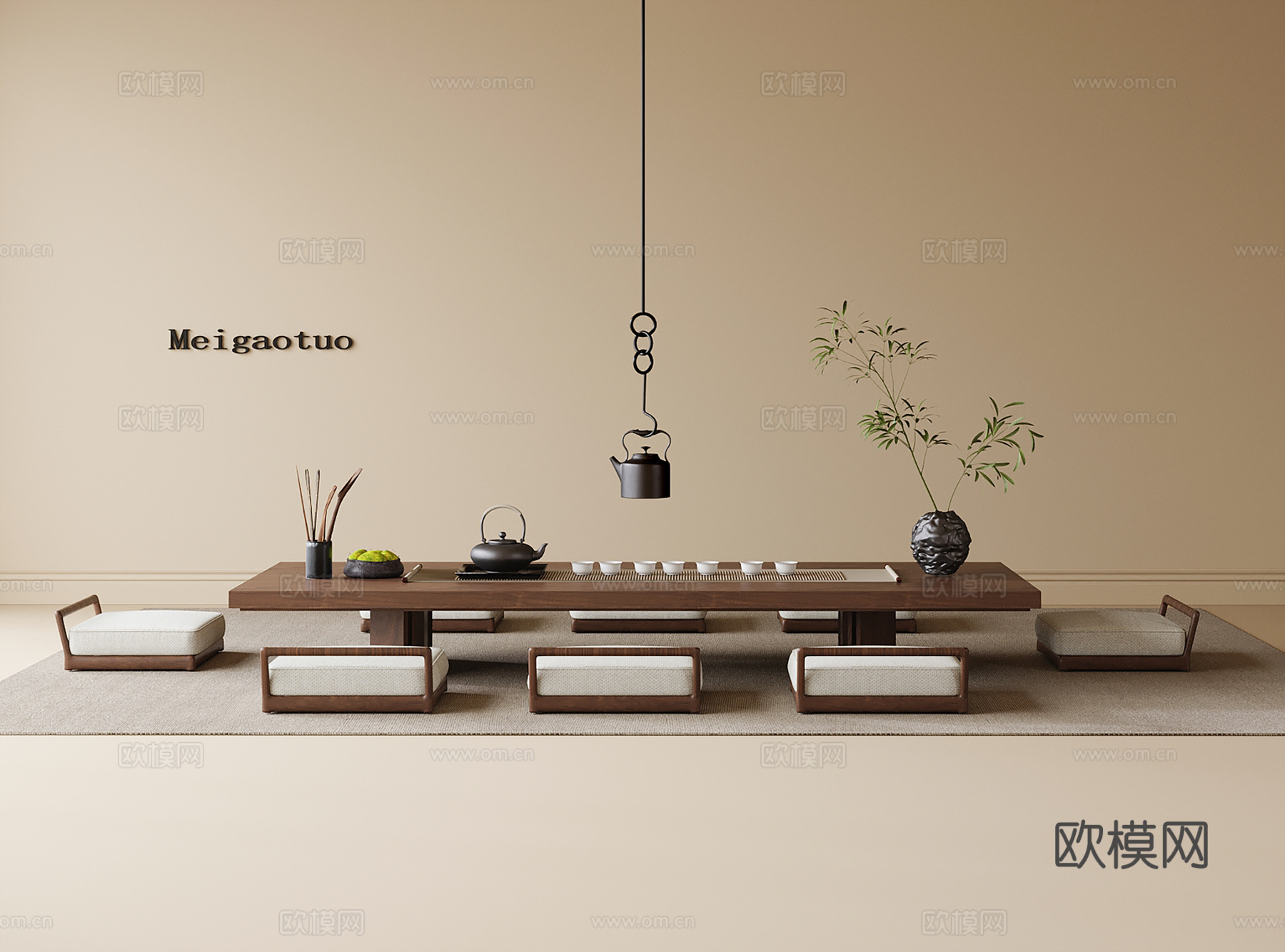 现代榻榻米茶桌椅 茶椅 茶具摆件 植物摆件su模型