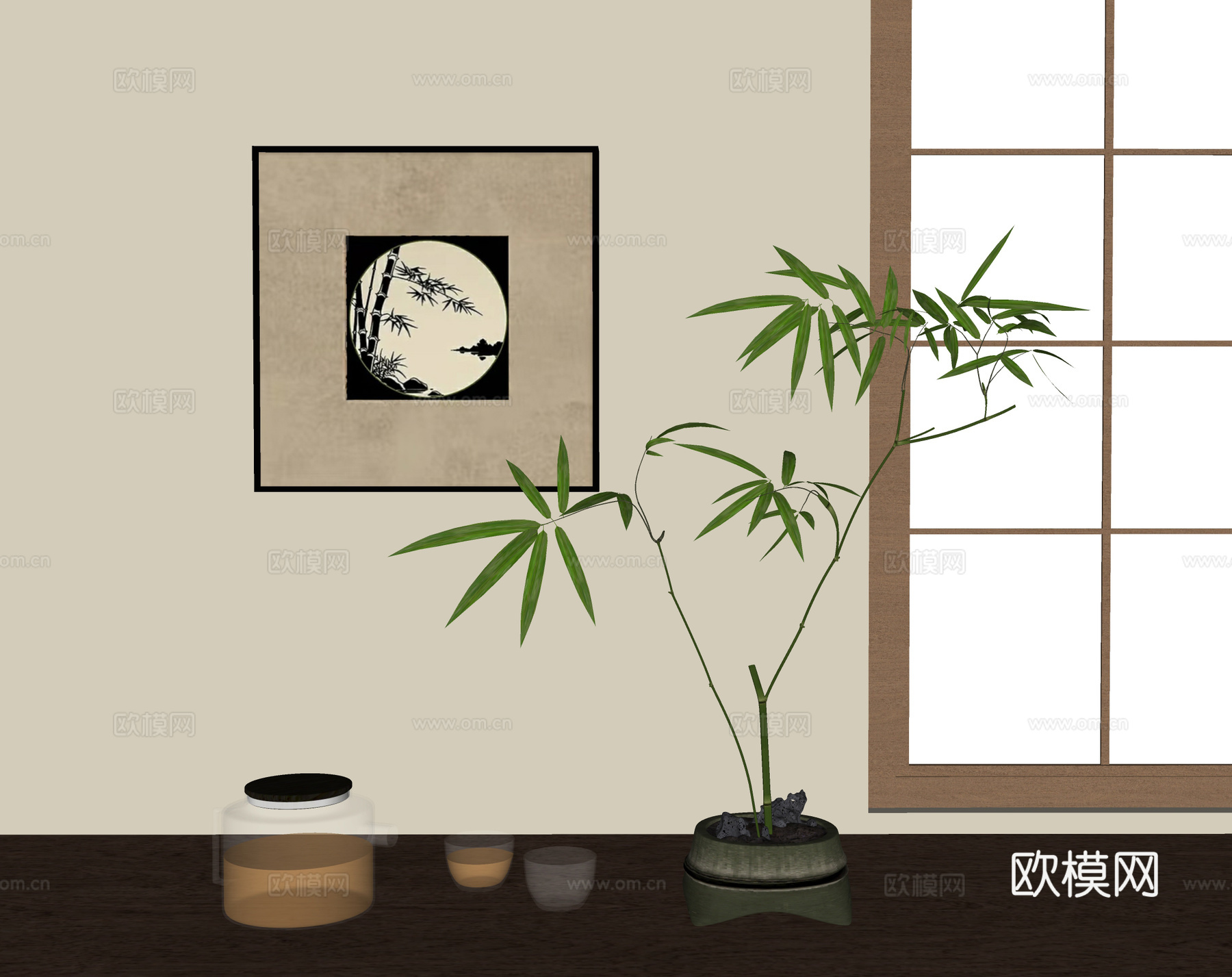 新中式茶具摆件 绿植摆件 盆栽 竹子su模型
