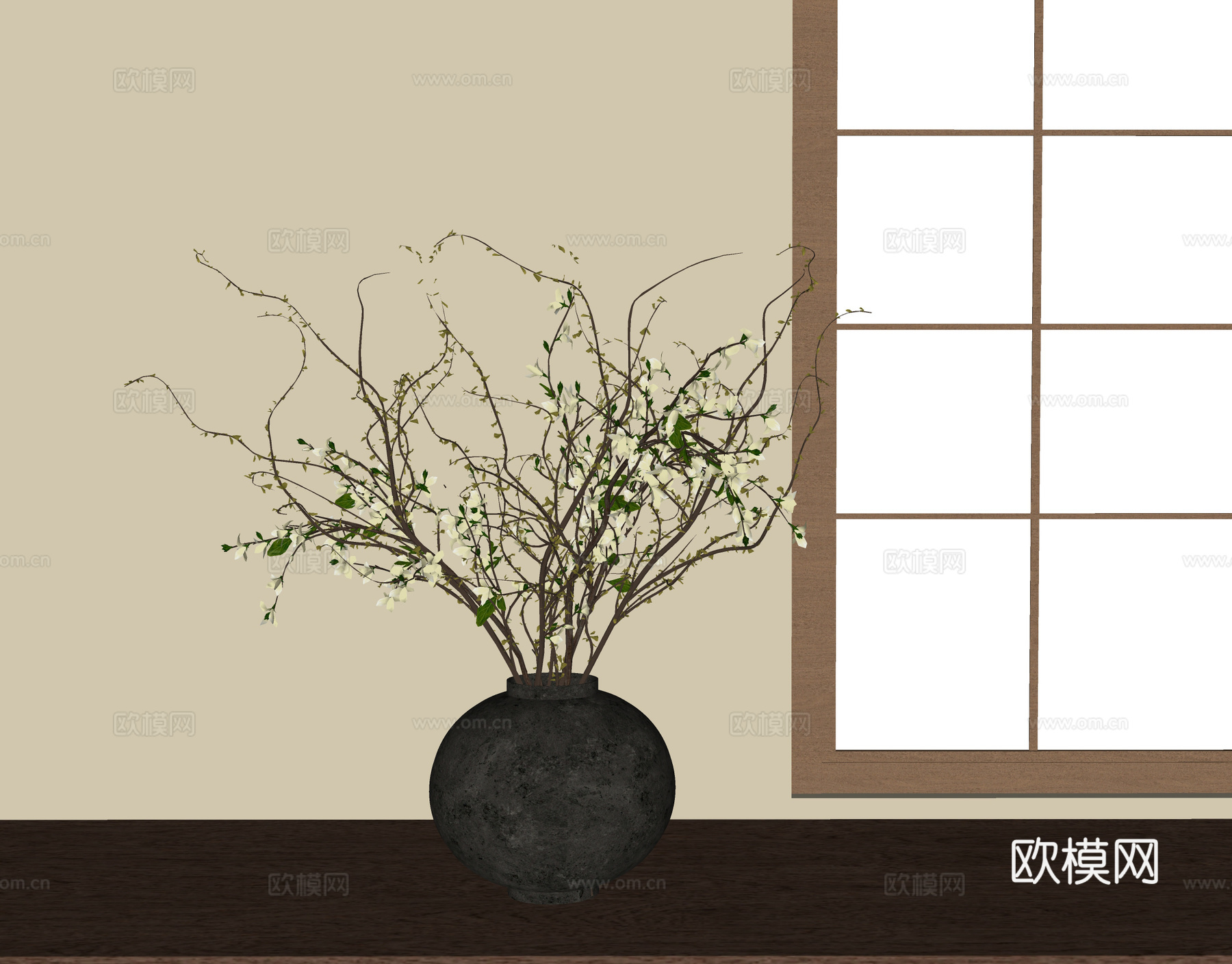 新中式陶罐花瓶花艺 插花花艺su模型
