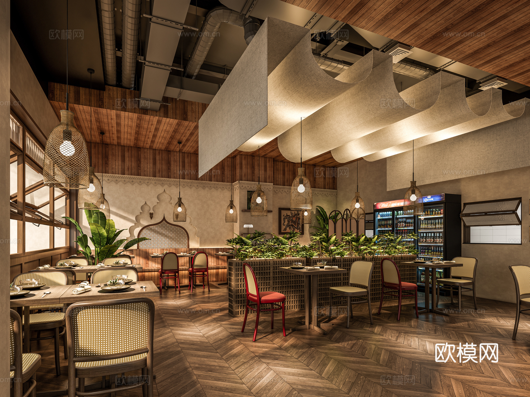 现代港式东南亚茶餐厅 餐桌椅卡座 饮料机 绿植花箱隔断su模型
