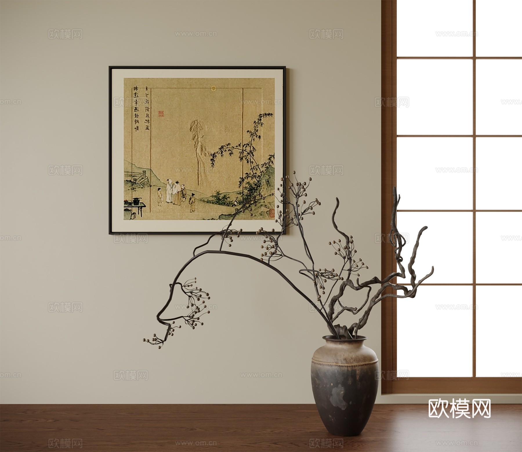 新中式陶罐花瓶花艺  插花花艺 摆件 挂画su模型