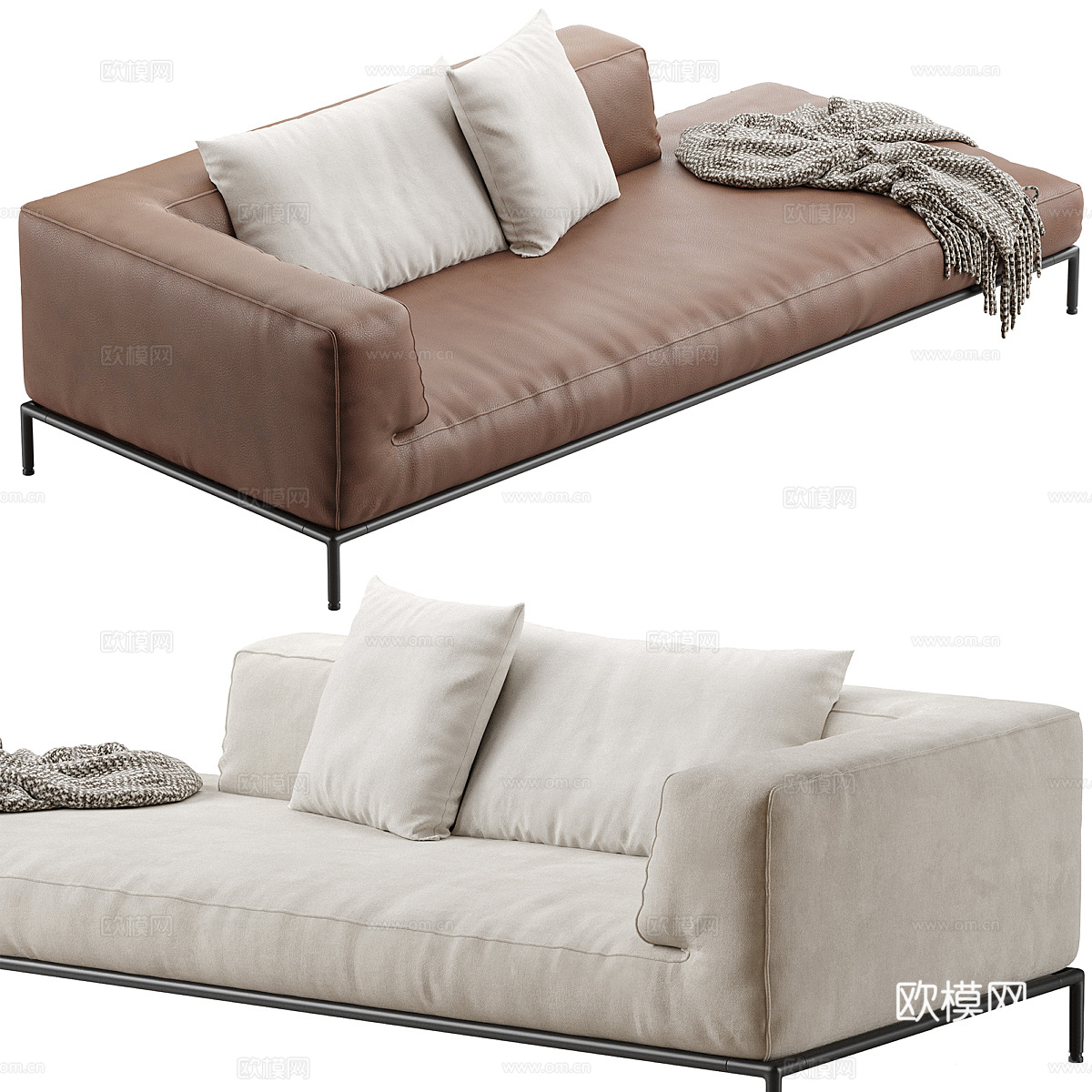 现代意式布艺皮革贵妃椅3d模型3d模型下载（渲染图3）