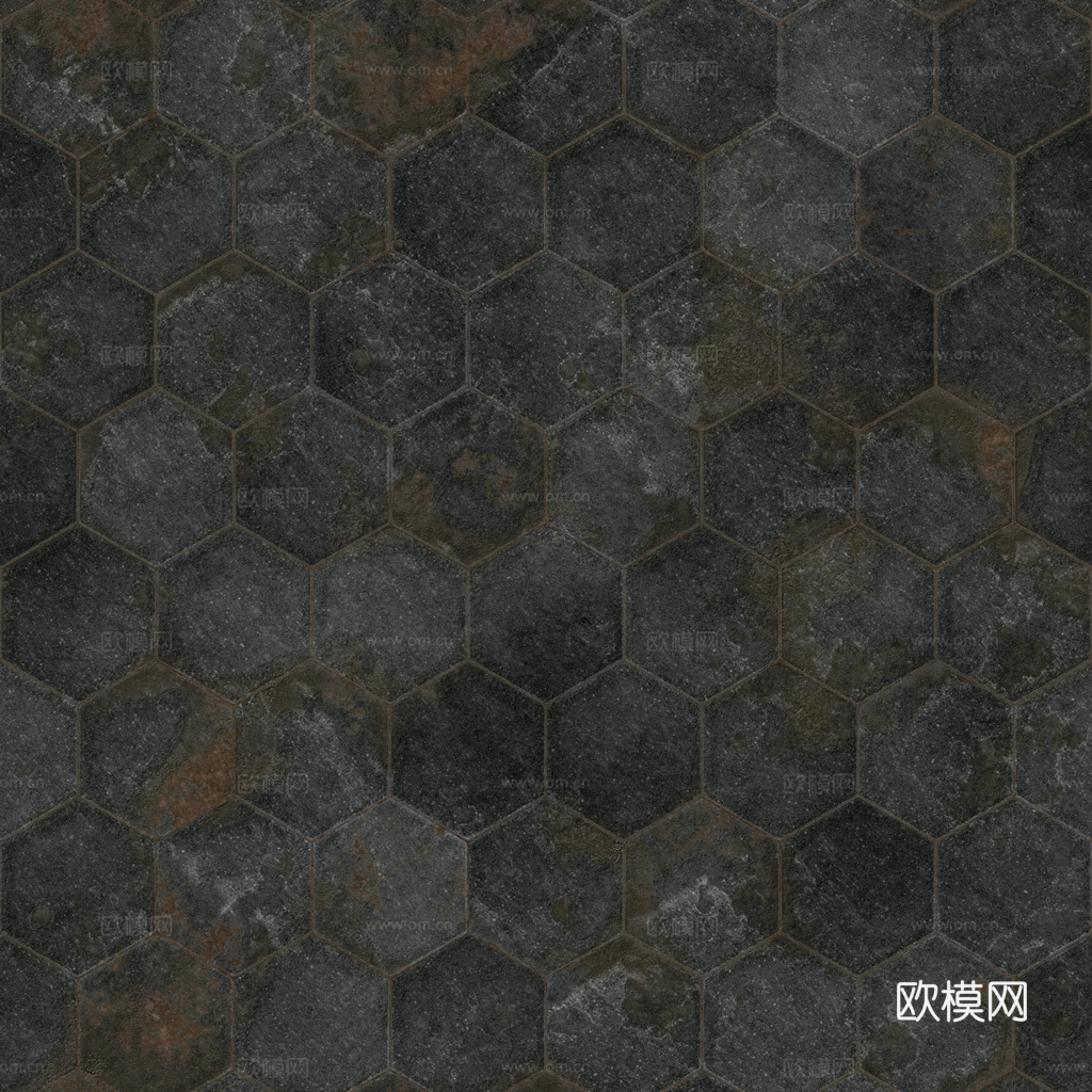 无缝黑色破旧六角地砖石板砖铺路砖户外砖 PBR材质贴图 1k