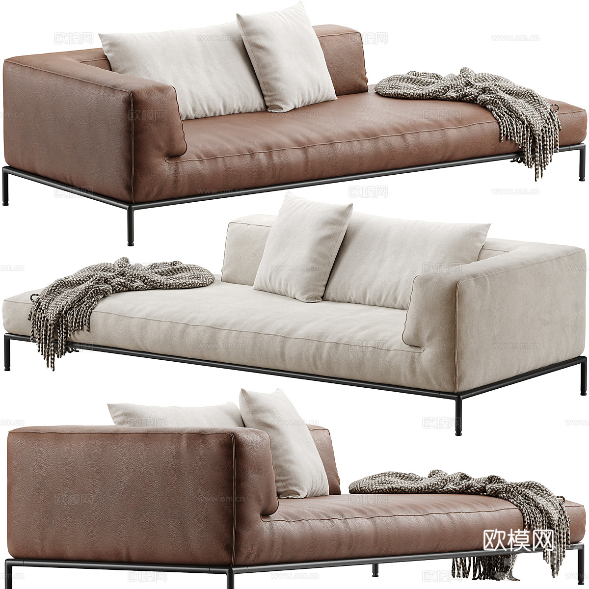 现代意式布艺皮革贵妃椅3d模型3d模型下载（渲染图1）