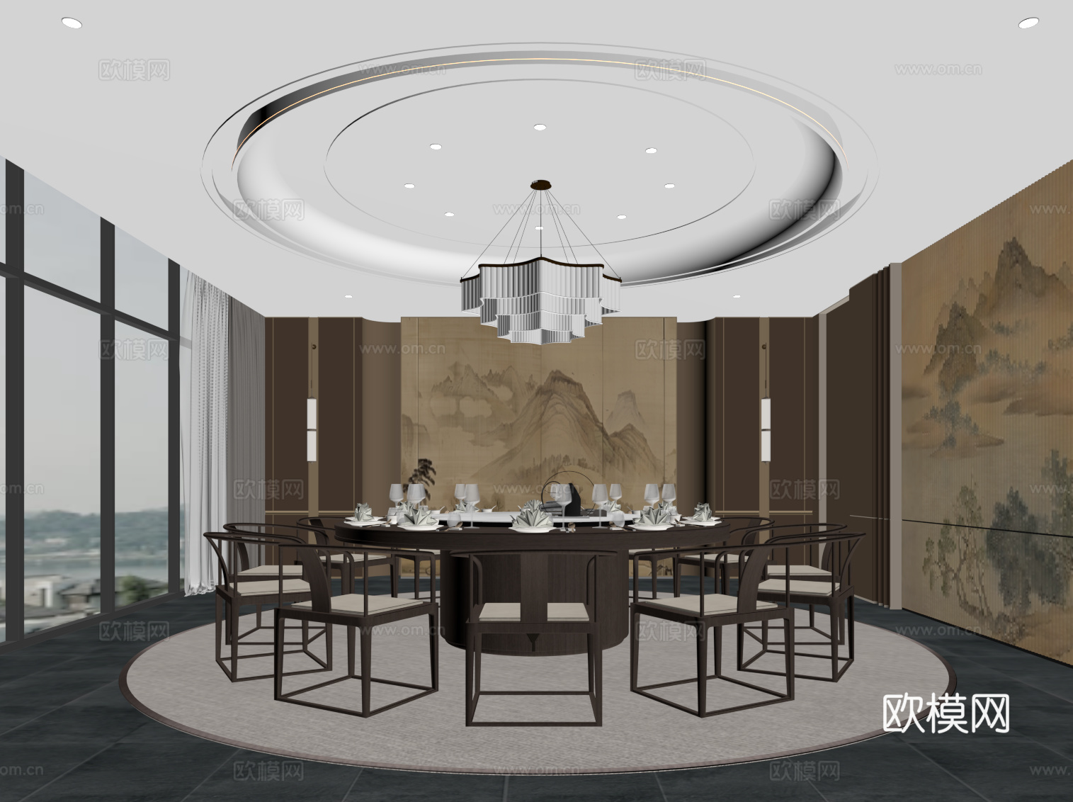 新中式包间 包厢 餐桌椅su模型