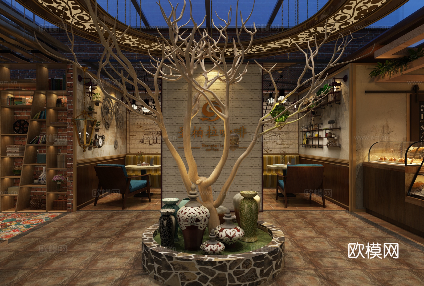 其它复古咖啡厅 大厅 卡座 过道 前台3d模型下载（渲染图1）