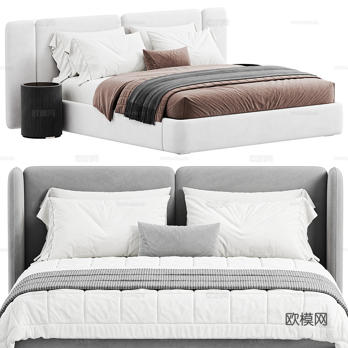现代布艺双人床3d模型下载（渲染图2）