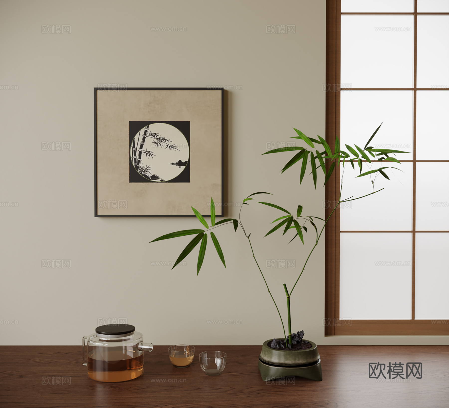 新中式茶具摆件 绿植摆件 盆栽 竹子su模型