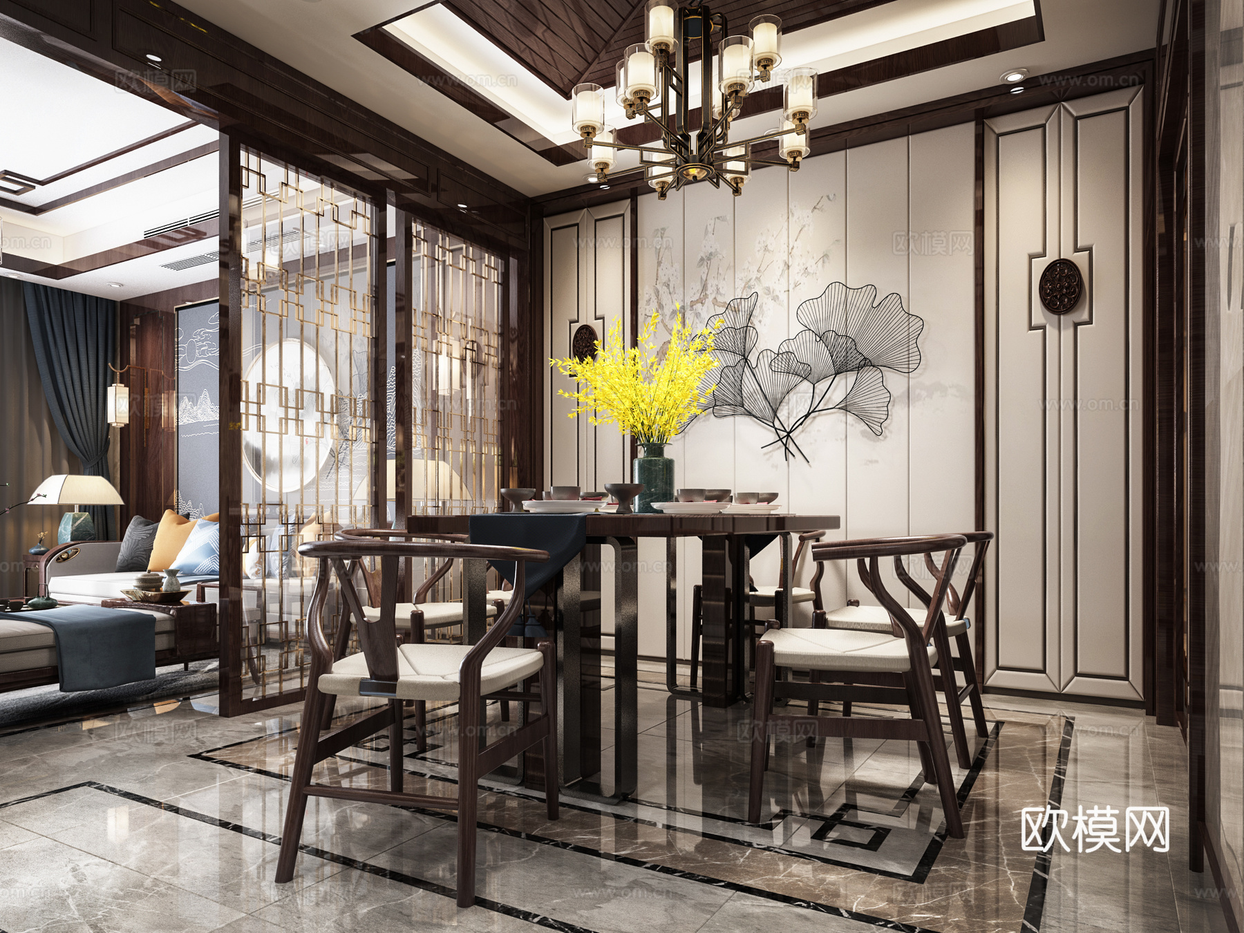 新中式客餐厅 组合沙发 茶几 餐桌椅 吊灯 电视柜 装饰柜3d模型