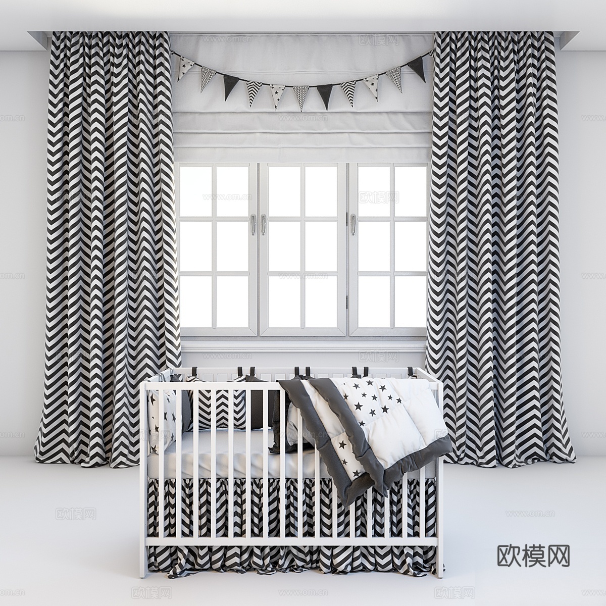 婴儿床套装 - 宜家婴儿床和窗帘3d模型下载