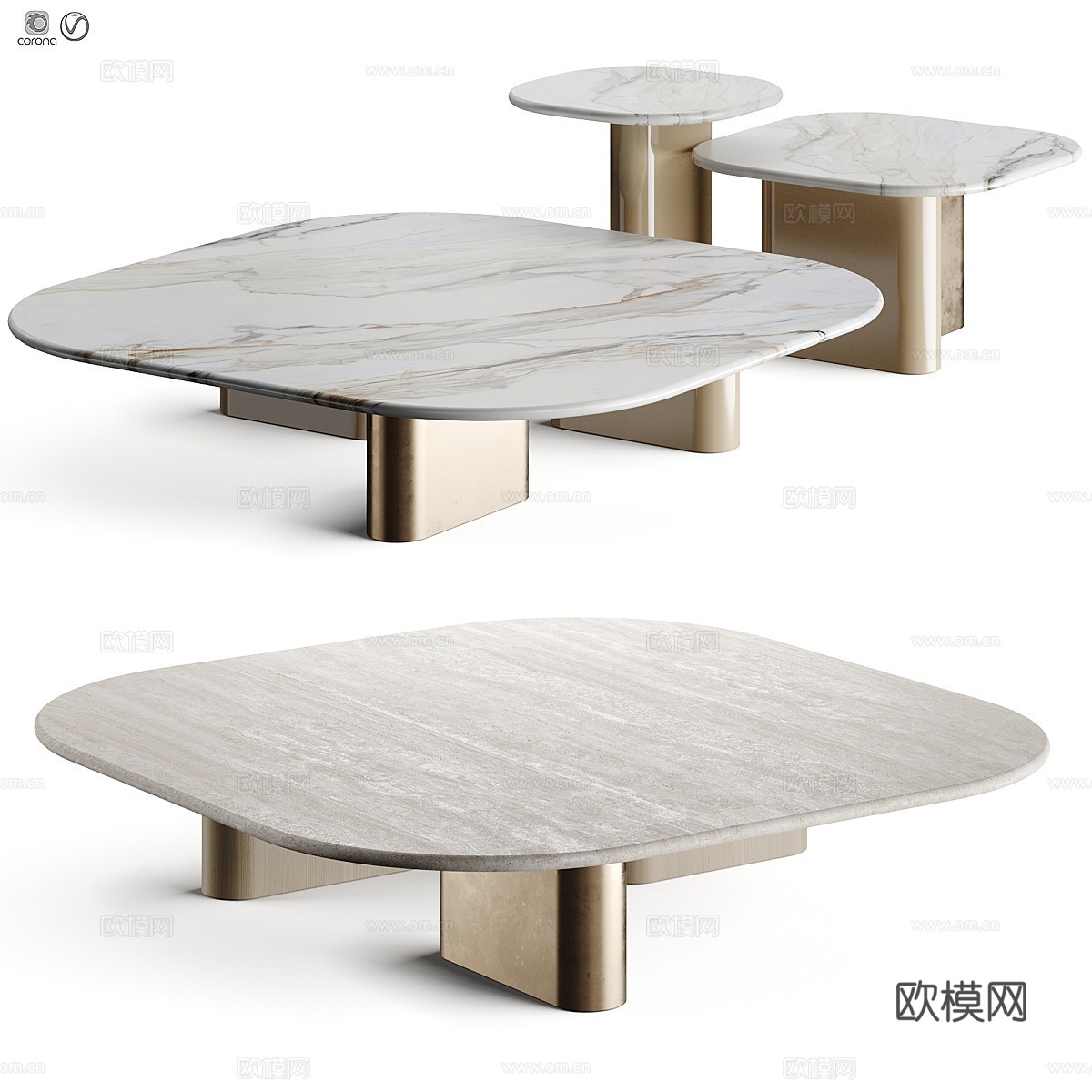 现代意式轻奢大理石茶几组合3d模型下载（渲染图1）