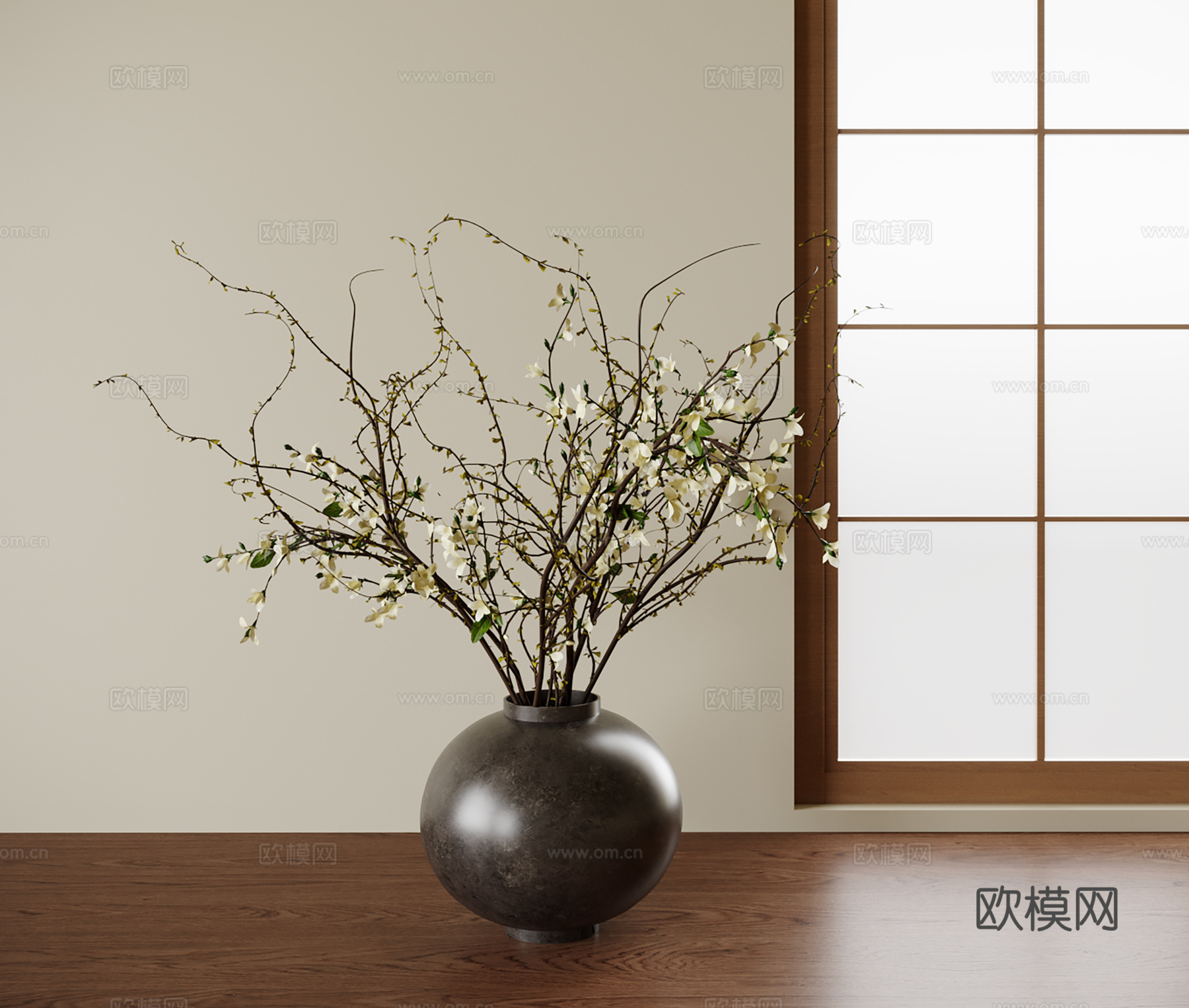 新中式陶罐花瓶花艺 插花花艺su模型