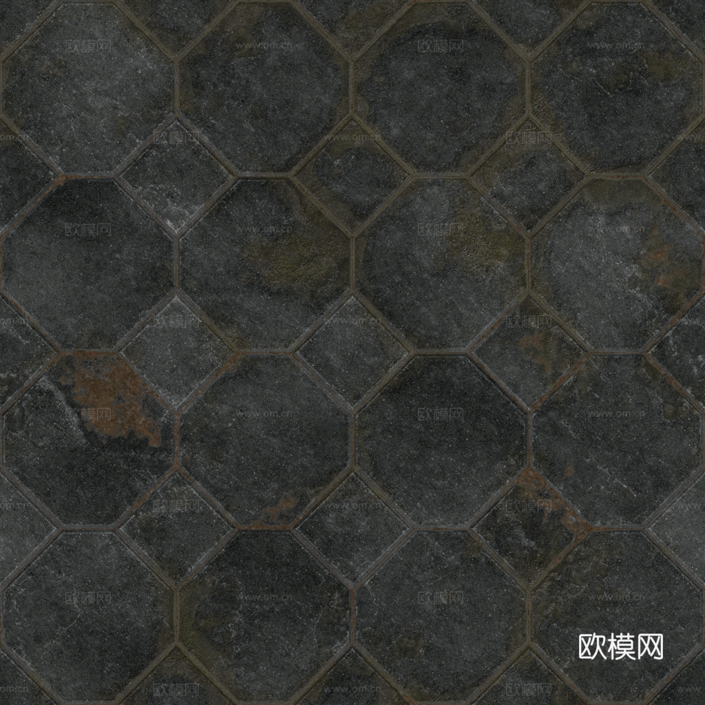 无缝黑色破旧地砖石板砖铺路砖户外砖 PBR材质贴图 1k