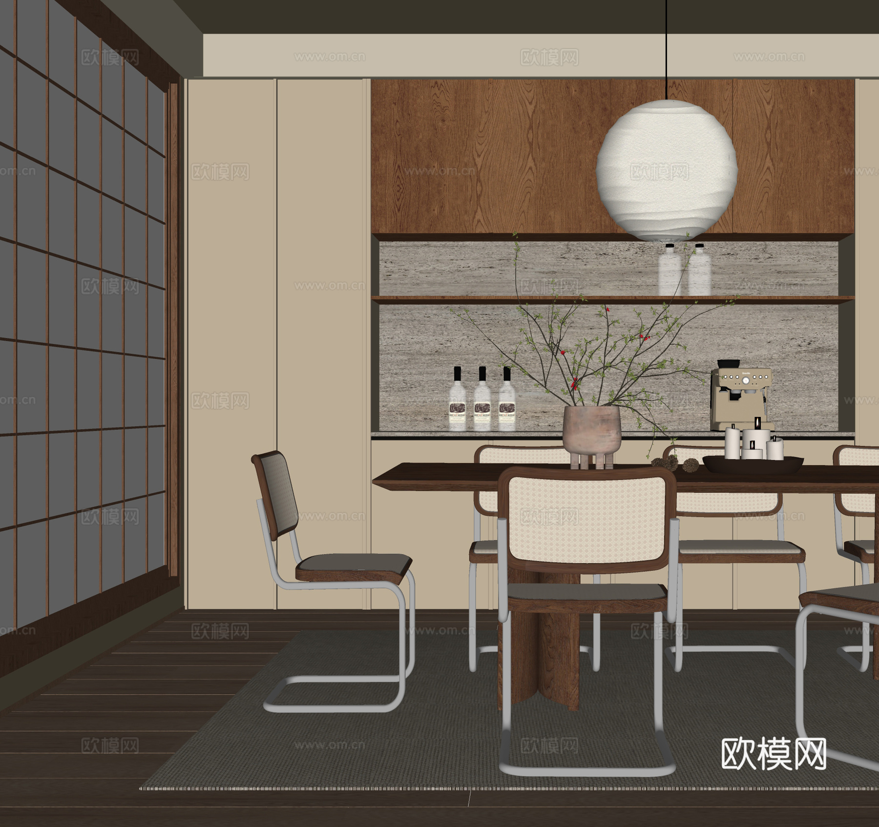 现代餐厅 餐桌椅 餐边柜 吊灯su模型