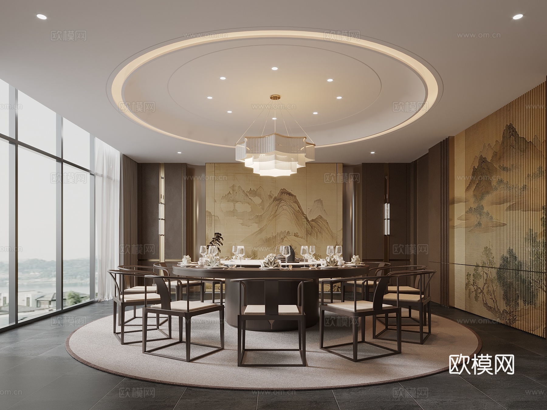 新中式包间 包厢 餐桌椅su模型