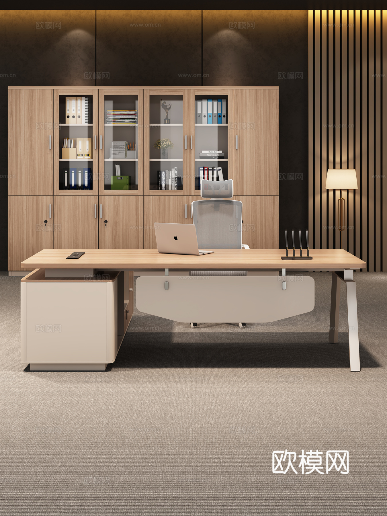 现代办公室办公家具经理桌主管桌老板桌文件柜书柜老板椅3d模型下载（渲染图2）