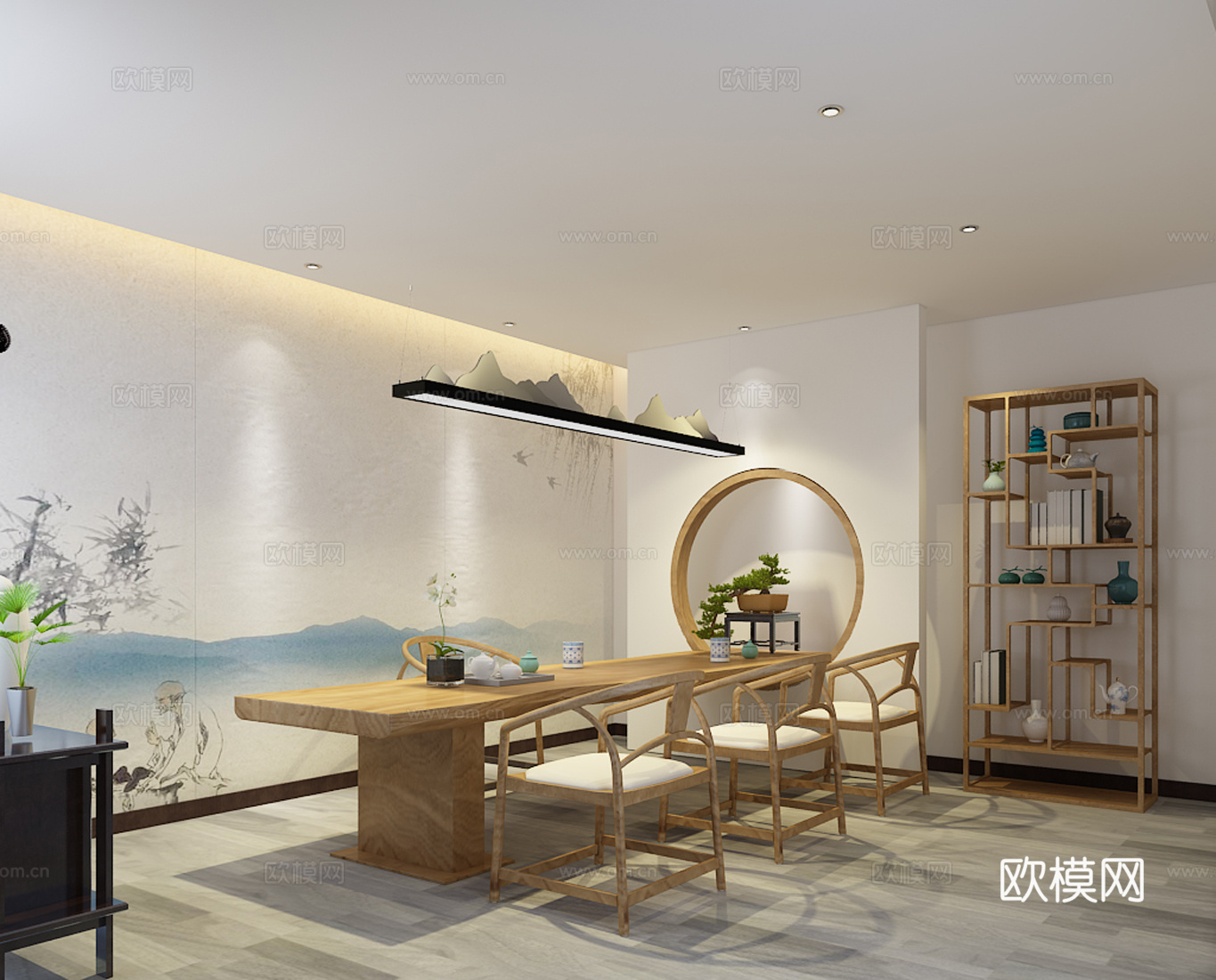 新中式茶室 茶桌 博古架 端景台 吊灯 陶瓷 书籍 绿植3d模型