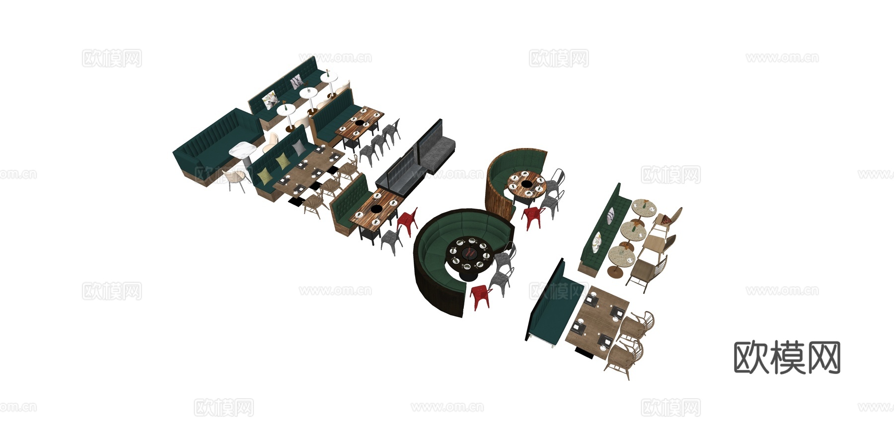 现代餐厅咖啡厅卡座沙发 环形绿绒沙发组 模块化餐区 高脚休闲su模型