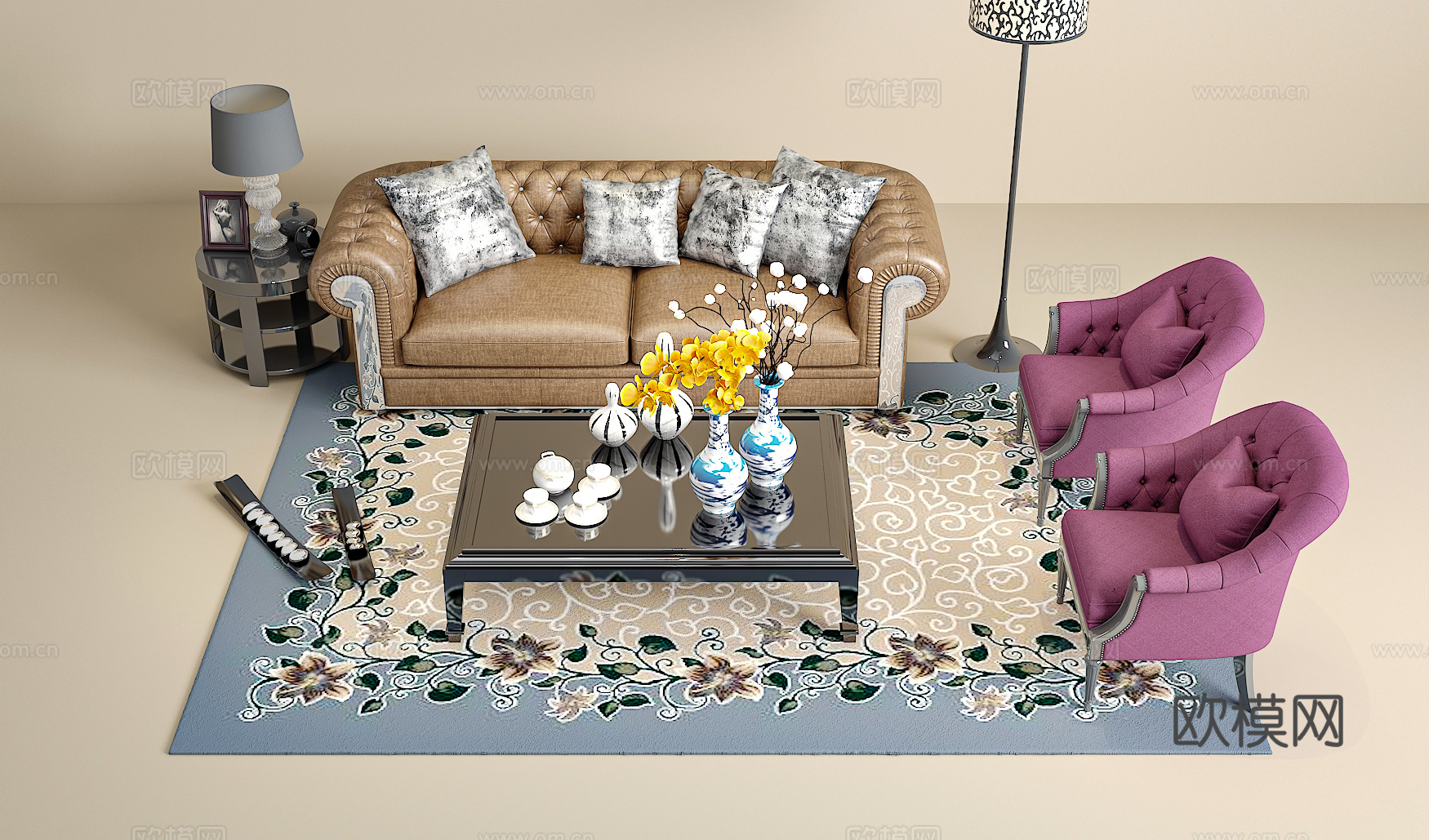 欧式沙发茶几组合 台灯 饰品摆件3d模型下载