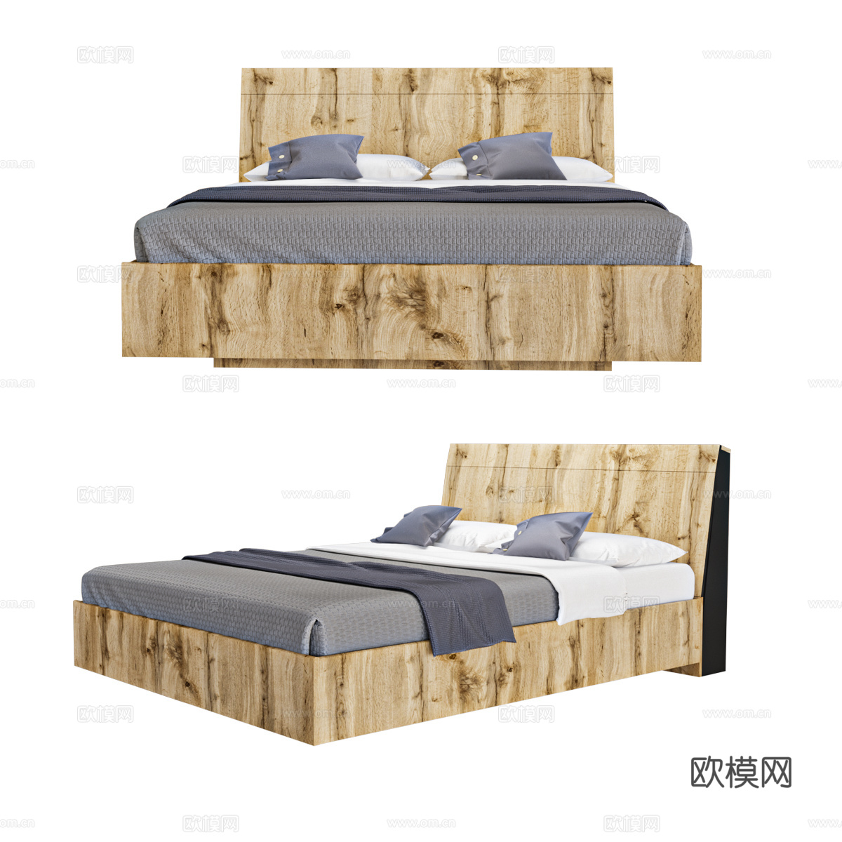 原木风双人床 双人床3d模型下载