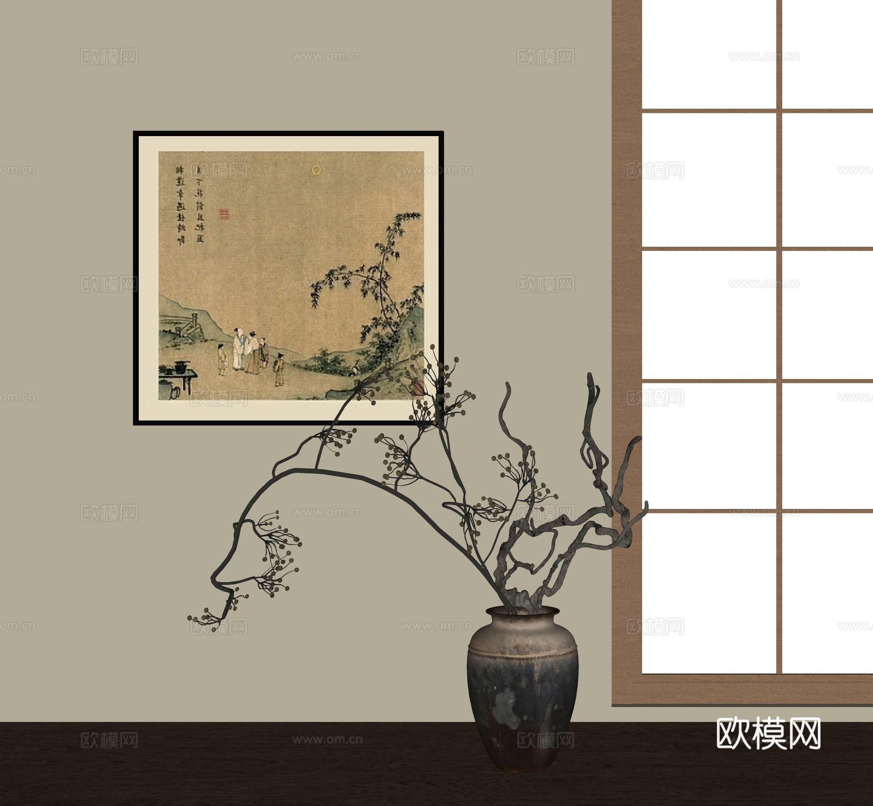 新中式陶罐花瓶花艺  插花花艺 摆件 挂画su模型