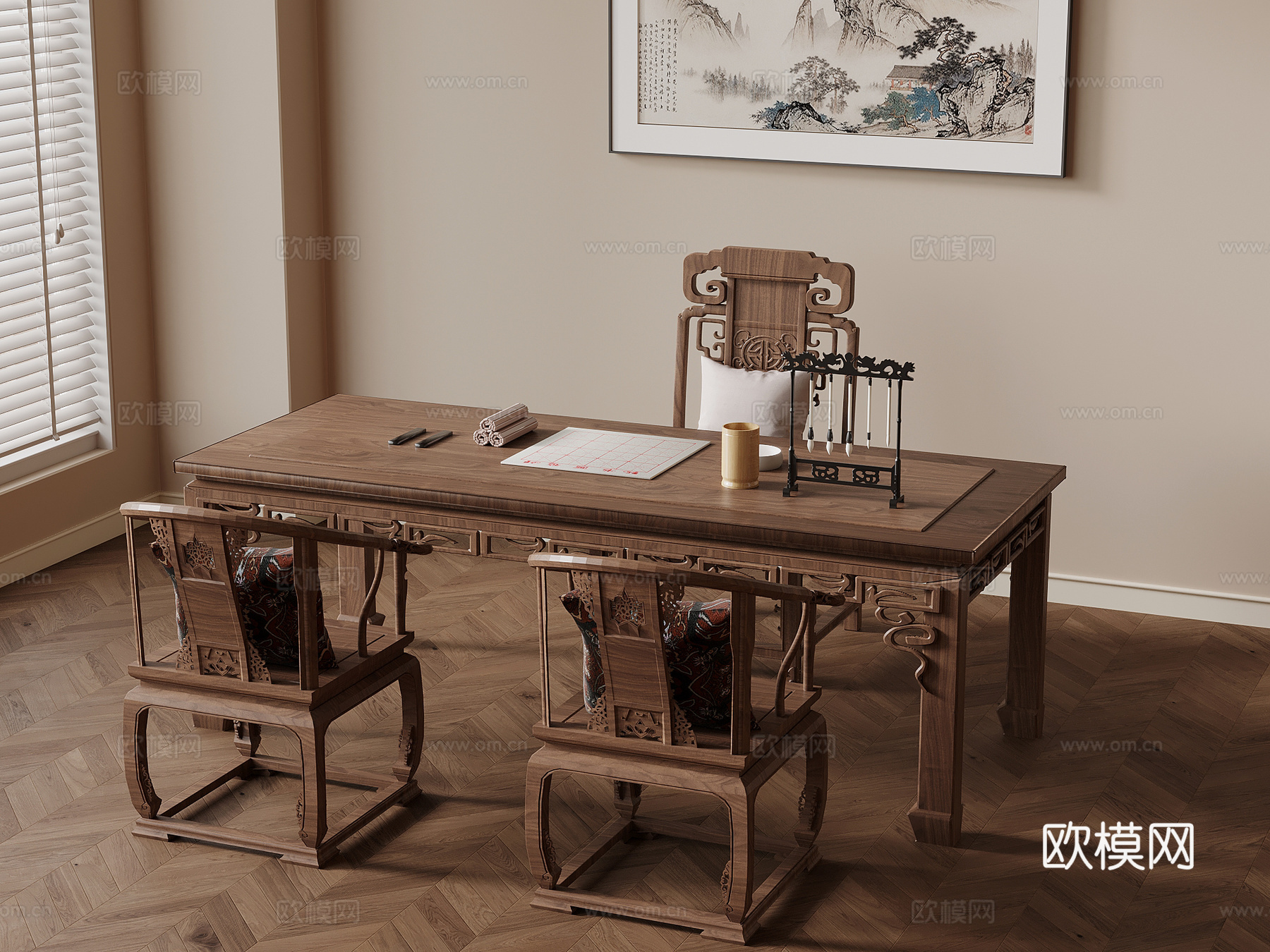 中式书桌椅 办公桌椅3d模型下载