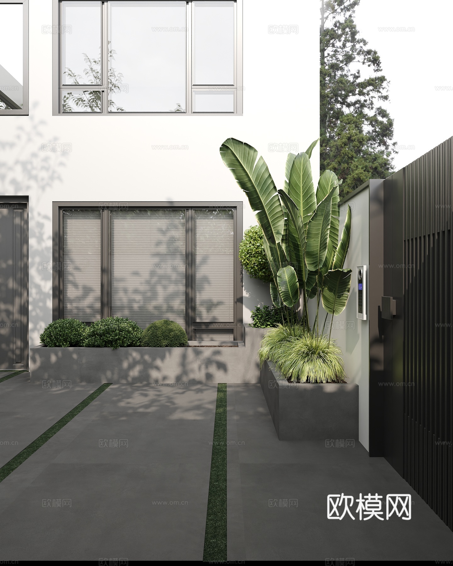 现代别墅花园金属入户门 花池绿植 自建房别墅景观组合3d模型下载
