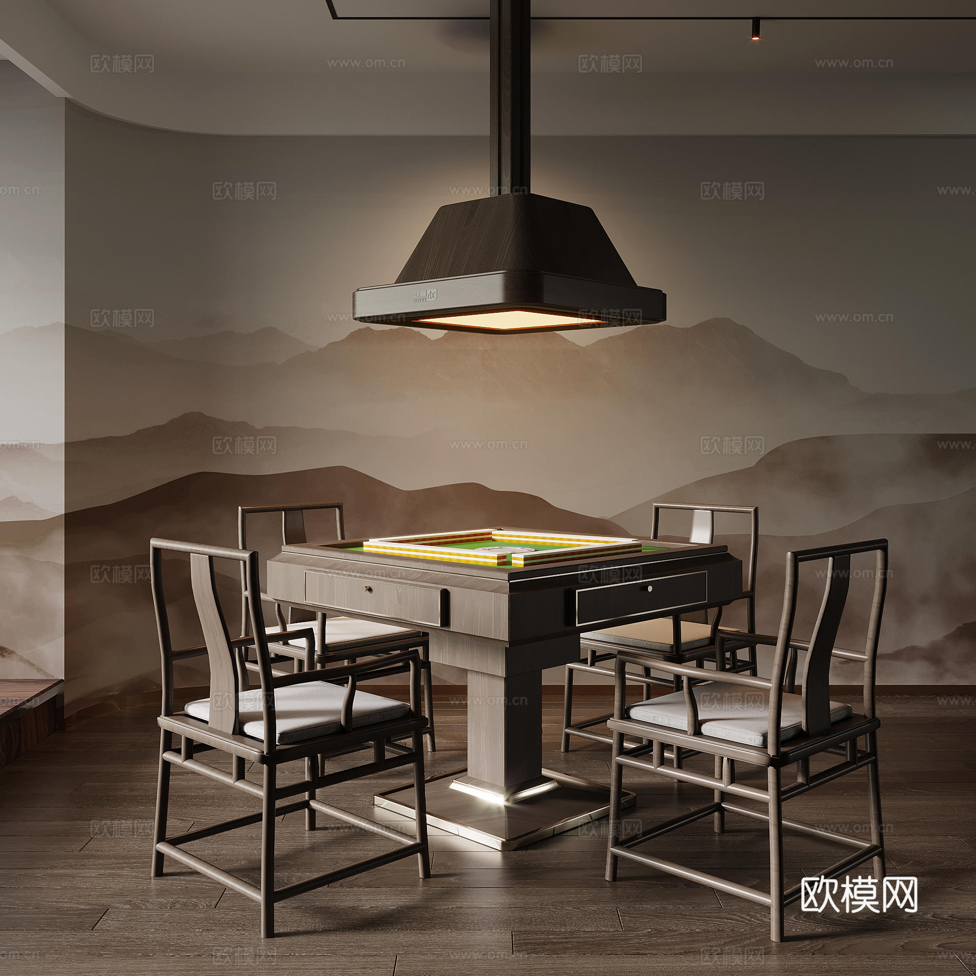 新中式麻将桌 棋牌室 麻将室su模型