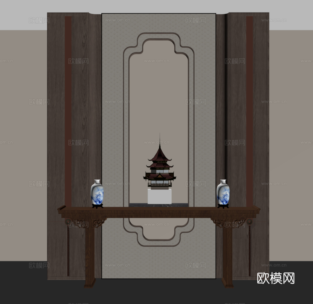 新中式玄关隔断 玄关背景墙 端景柜su模型