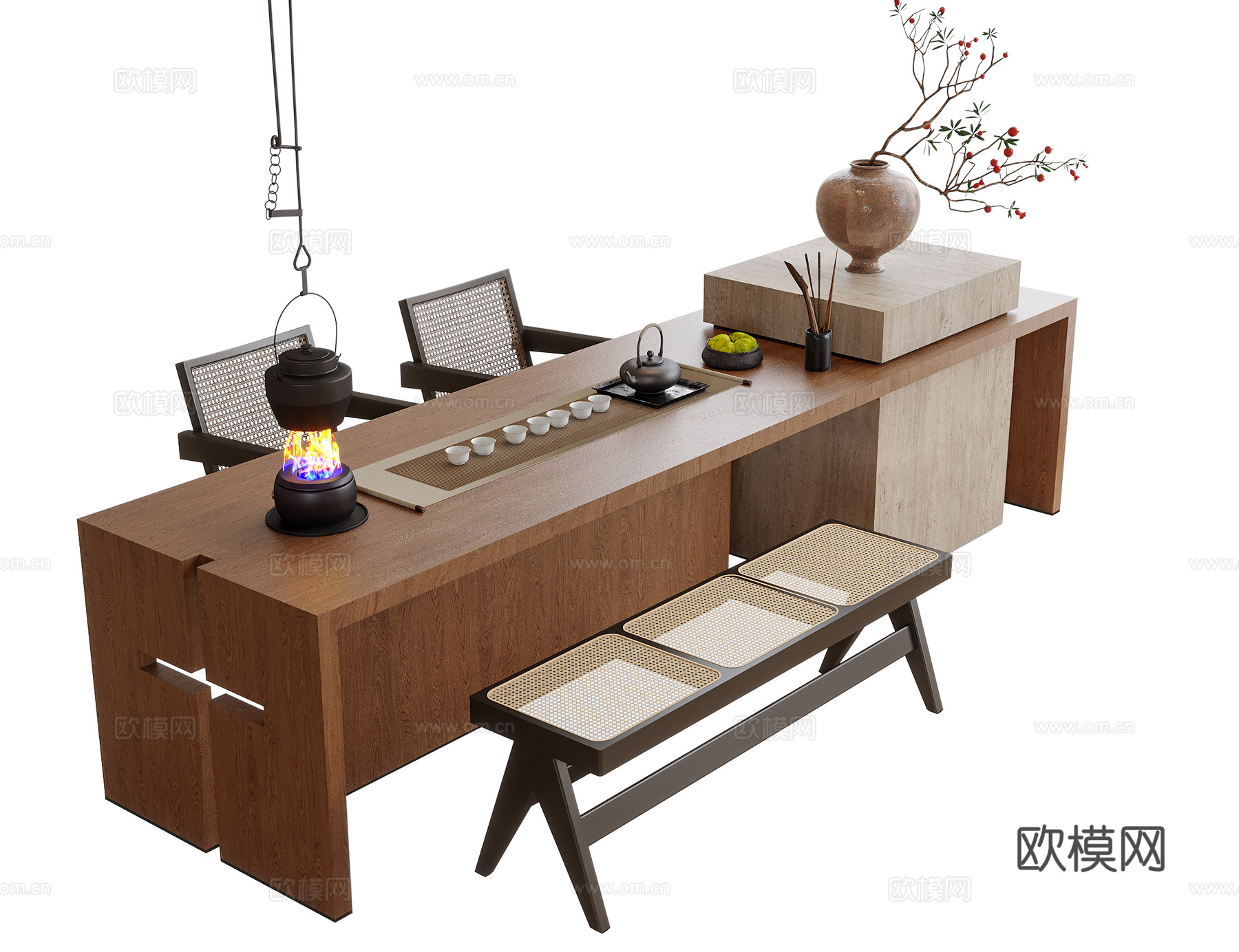 现代茶桌椅 长凳 茶具摆件 花瓶花艺 茶椅su模型