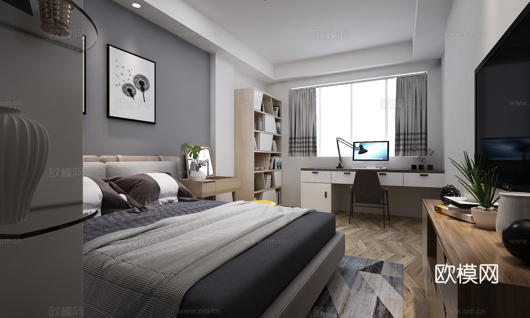 现代简约卧室 电视柜 衣柜 书柜 双人床 梳妆台 3D模型3d模型下载（渲染图1）