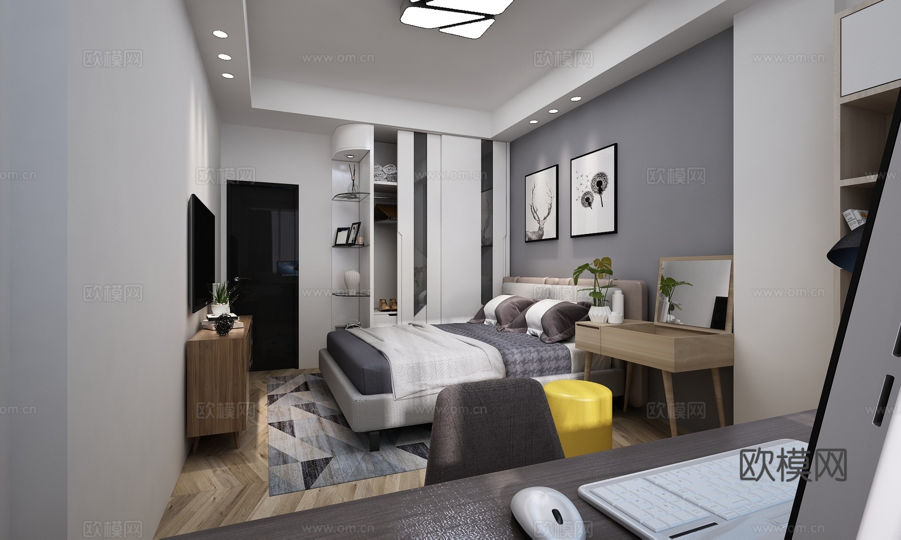 现代简约卧室 电视柜 衣柜 书柜 双人床 梳妆台 3D模型3d模型下载（渲染图2）
