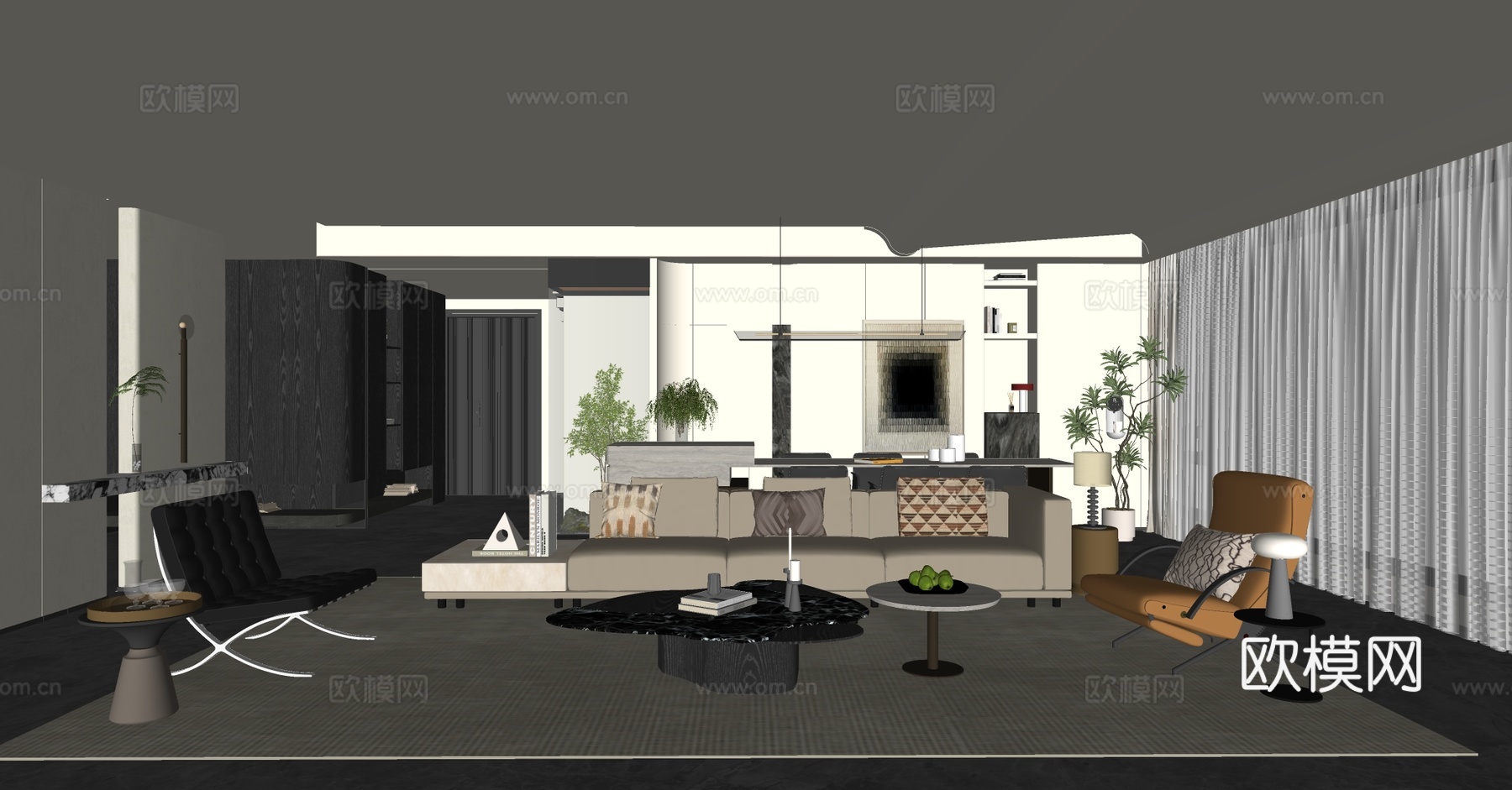 新中式禅意家居客厅 中式宋式客厅 宋式美学客餐厅 沙发茶几su模型