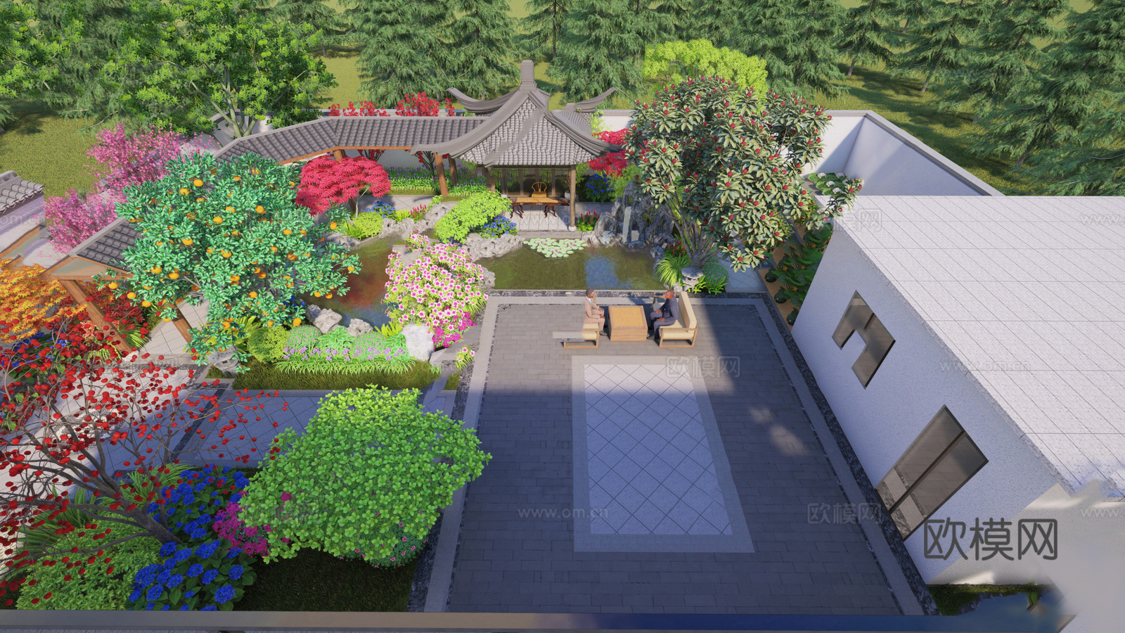 新中式庭院花园   庭院景观su模型