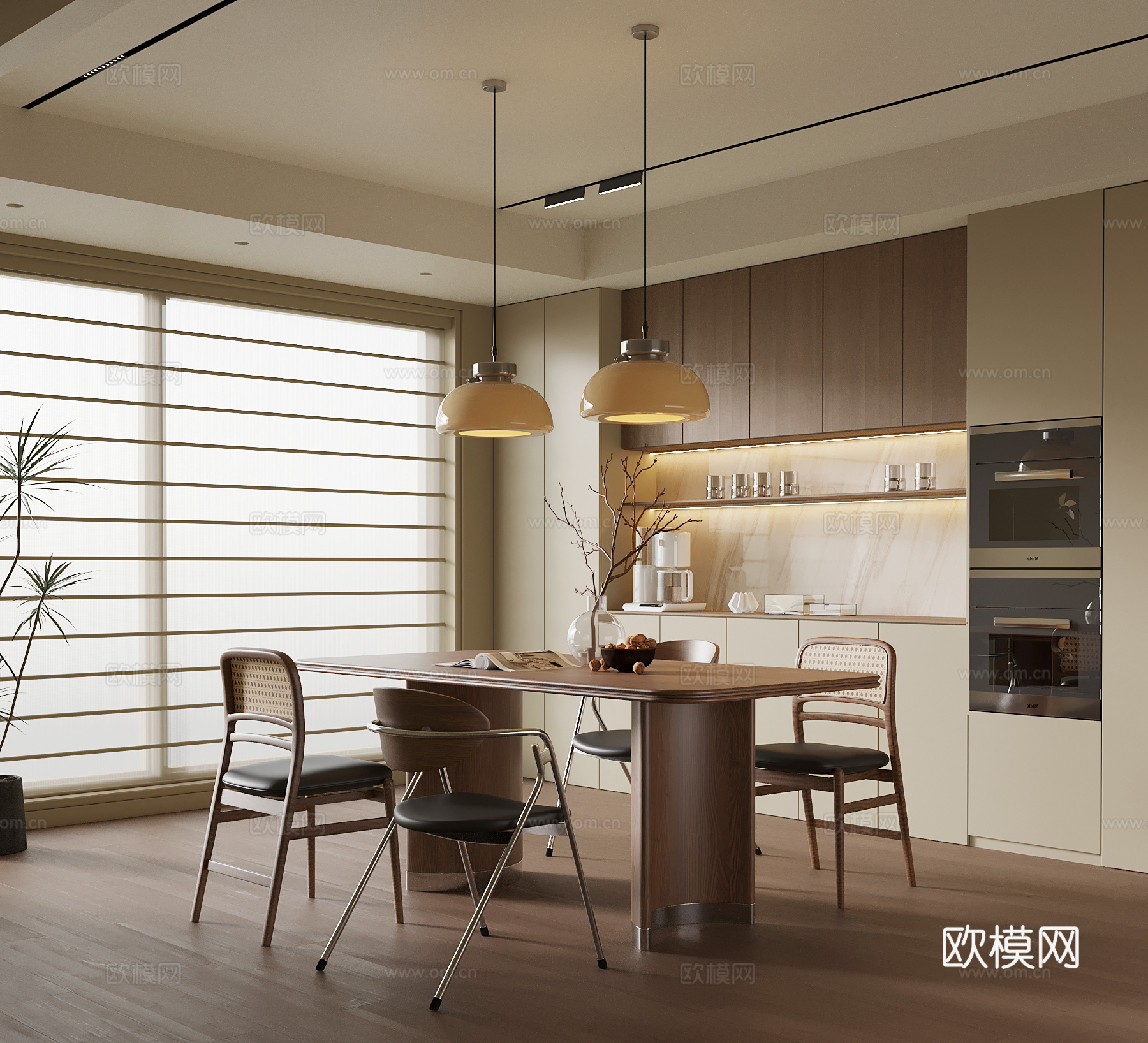 中古风餐厅 餐桌椅 酒柜su模型