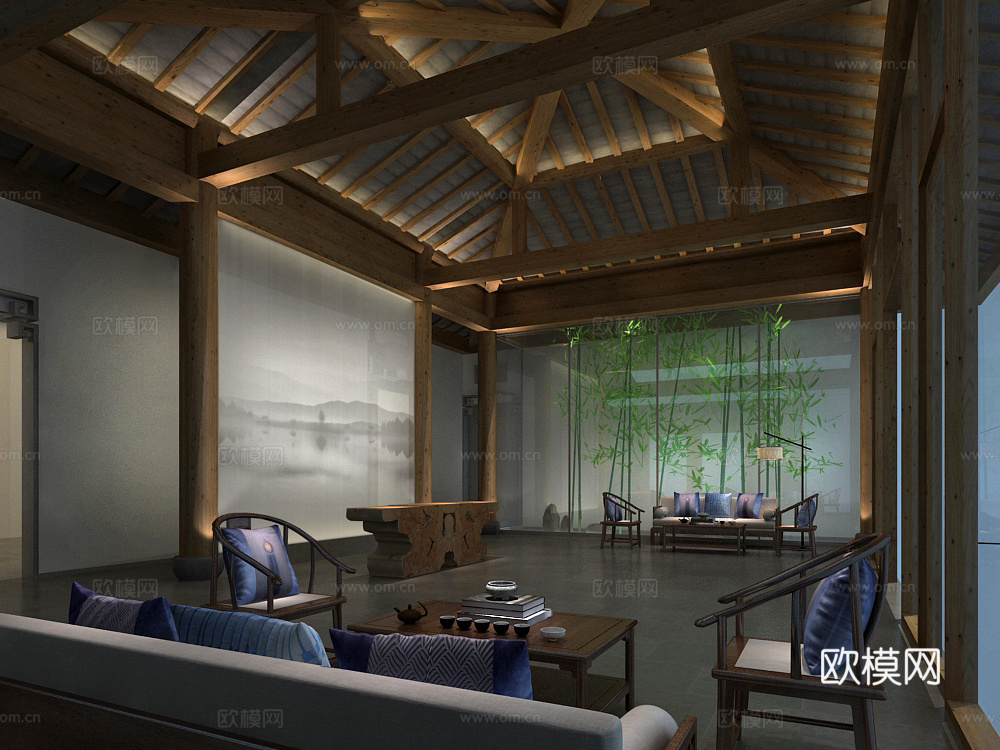 酒店门厅 民宿门厅 新中式门厅 禅意3d模型下载