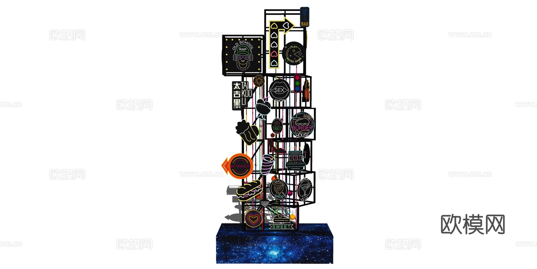 现代商业霓虹灯牌装置 赛博金属光构塔 复合式霓虹标识 星座蓝su模型
