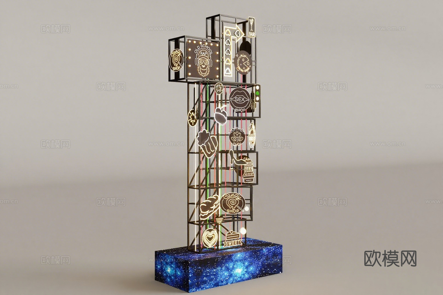 现代商业霓虹灯牌装置 赛博金属光构塔 复合式霓虹标识 星座蓝su模型
