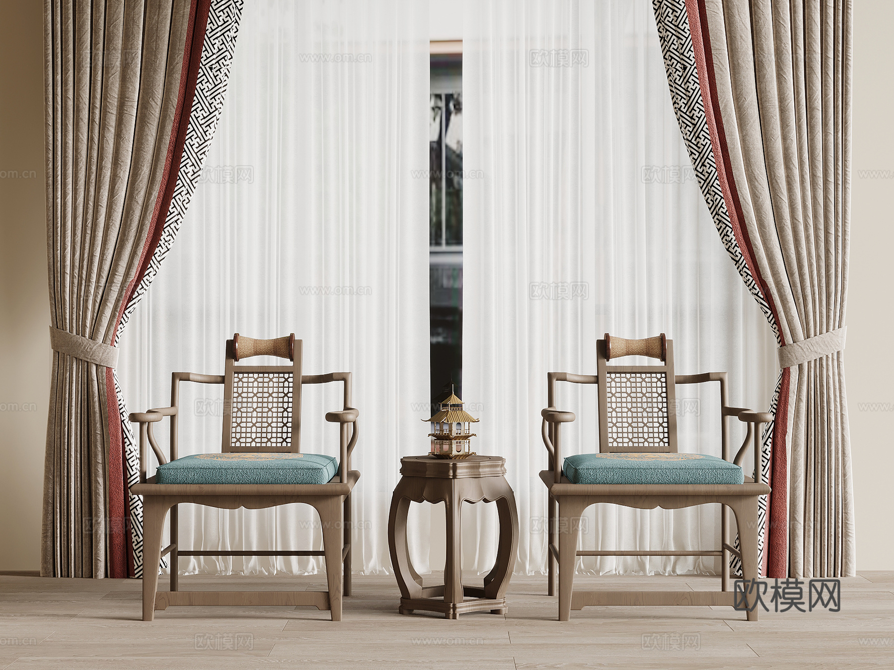 中式休闲椅 单人椅 边几 窗帘3d模型下载