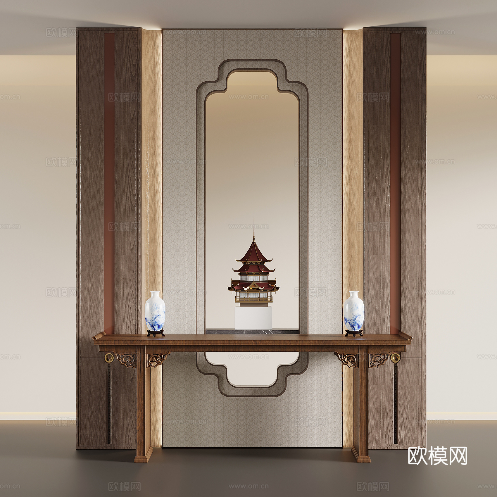 新中式玄关隔断 玄关背景墙 端景柜su模型